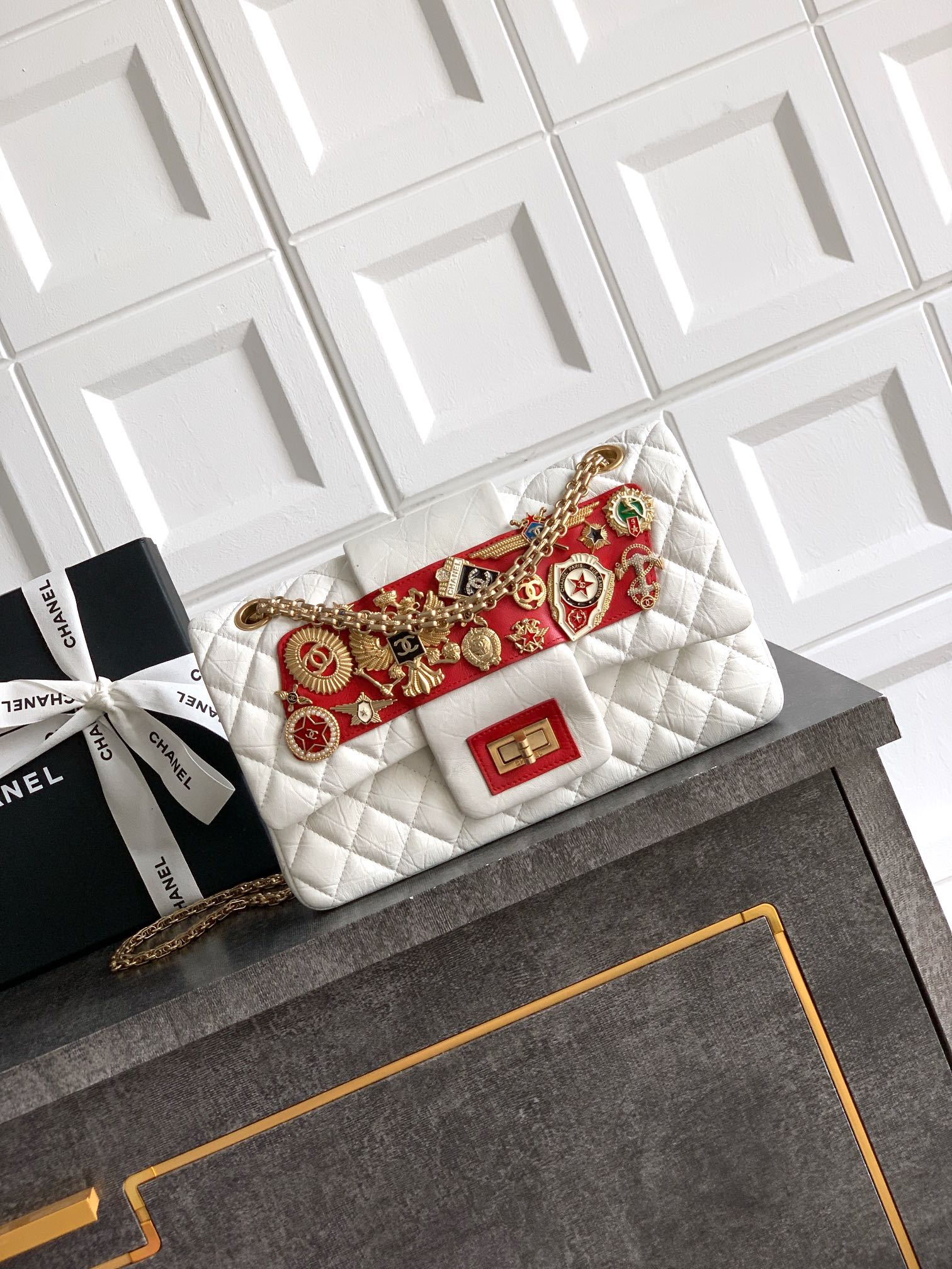Chanel Limited Edition Moscow Emblem Flap Bag - White & Red with Vintage Russian Pins (25.5 cm)