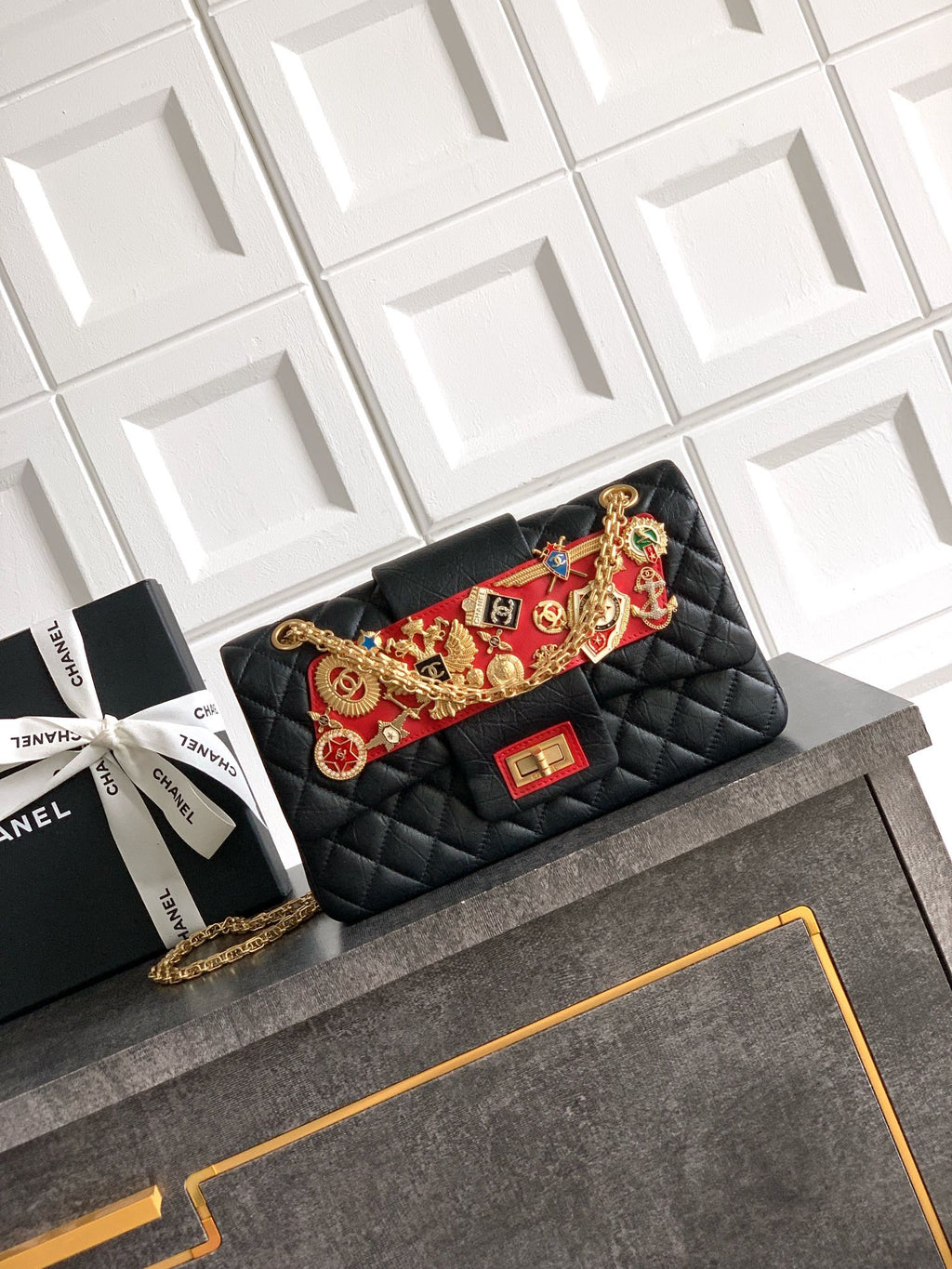 Chanel Limited Edition Moscow Emblem Flap Bag - Black & Red with Vintage Russian Pins (25.5 cm)