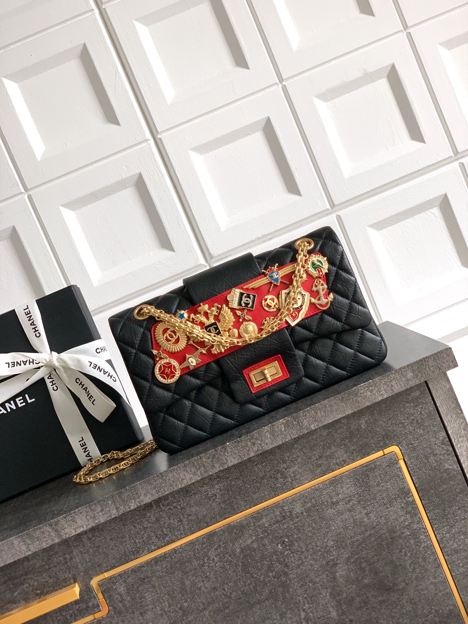 Chanel Limited Edition Moscow Emblem Flap Bag - Black & Red with Vintage Russian Pins (25.5 cm)