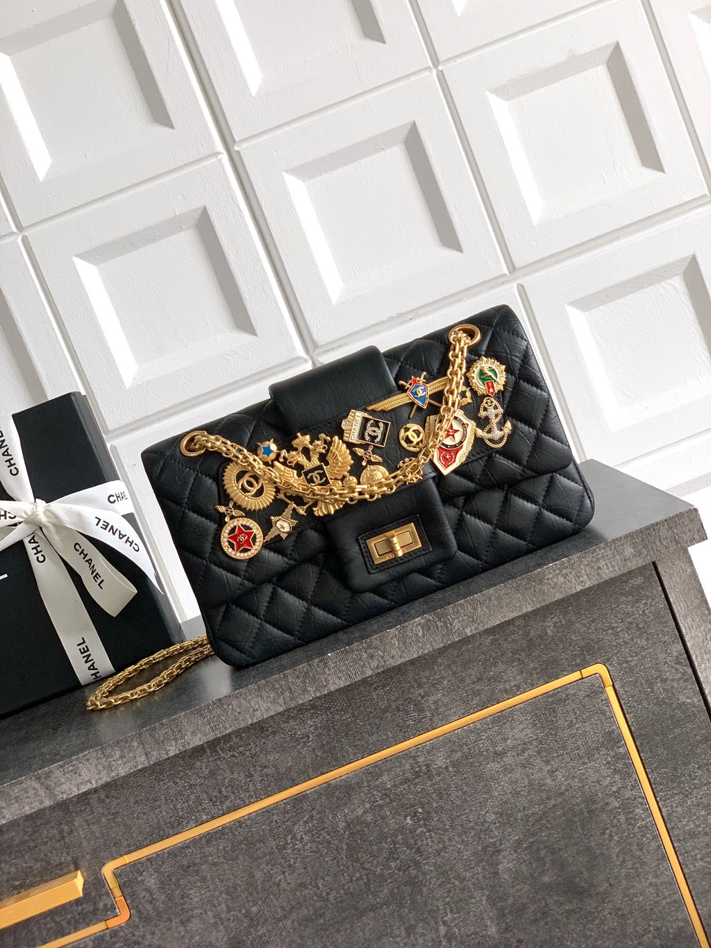 Chanel Limited Edition Moscow Emblem Flap Bag - Black with Vintage Russian Pins (25.5 cm)