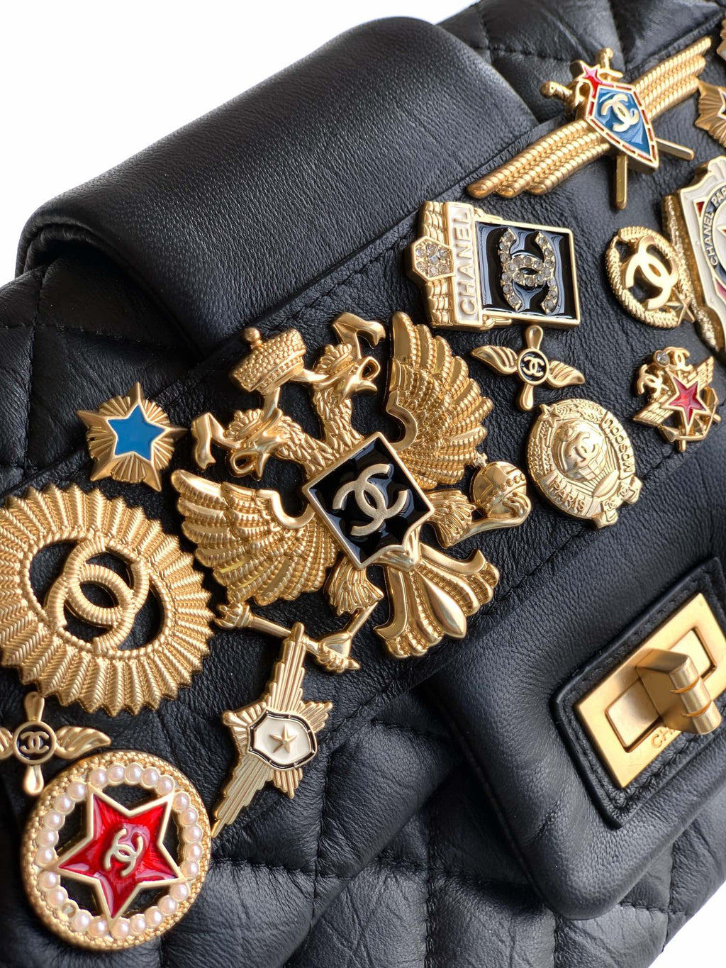 Chanel Limited Edition Moscow Emblem Flap Bag - Black with Vintage Russian Pins (25.5 cm)