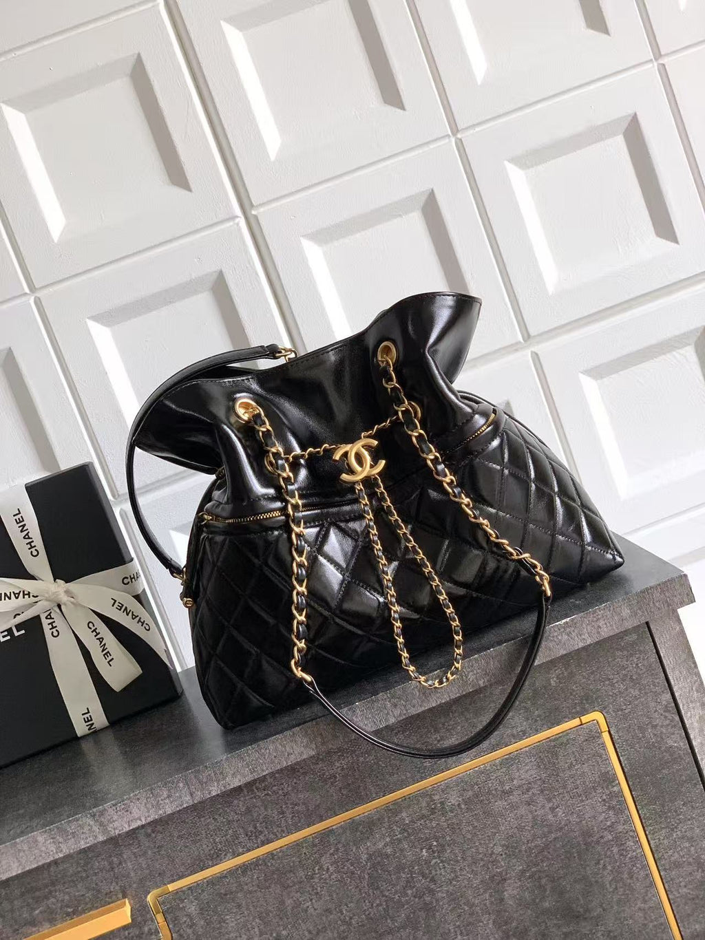 Chanel Oversized Tote Bag - Vintage Style Black Oiled Leather with Gold-Tone Chain Details (32 x 26 x 8.5 cm)
