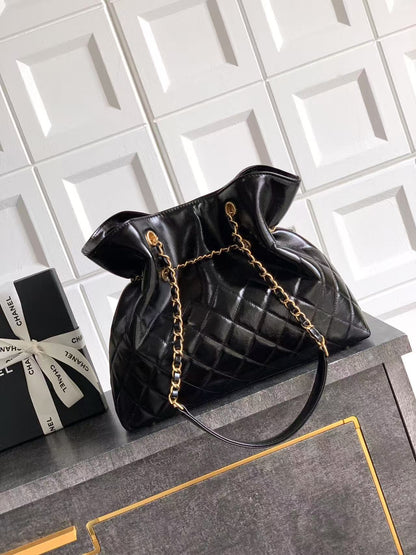 Chanel Oversized Tote Bag - Vintage Style Black Oiled Leather with Gold-Tone Chain Details (32 x 26 x 8.5 cm)