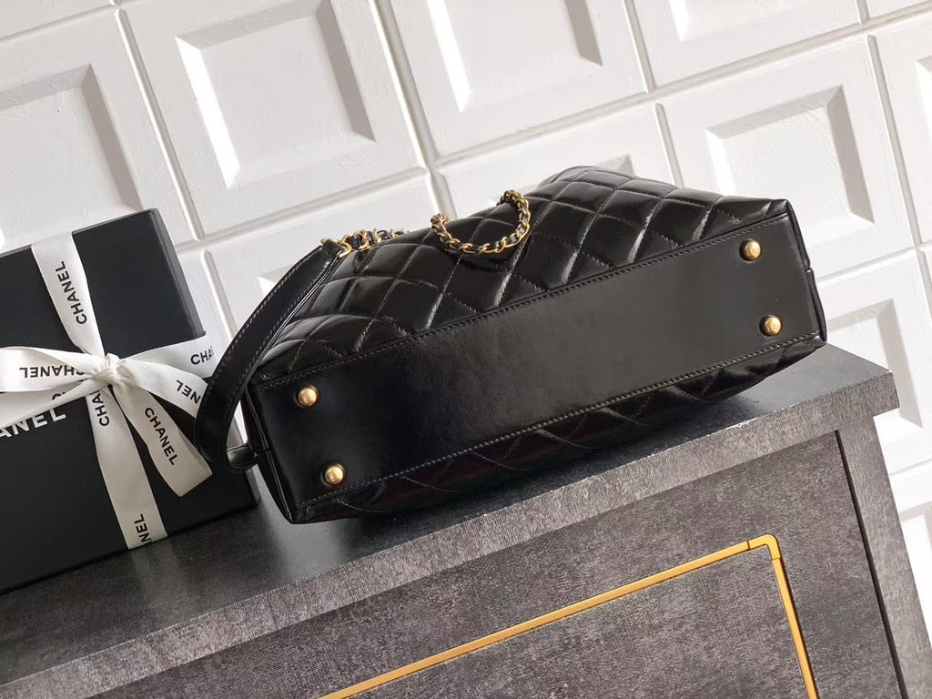 Chanel Oversized Tote Bag - Vintage Style Black Oiled Leather with Gold-Tone Chain Details (32 x 26 x 8.5 cm)