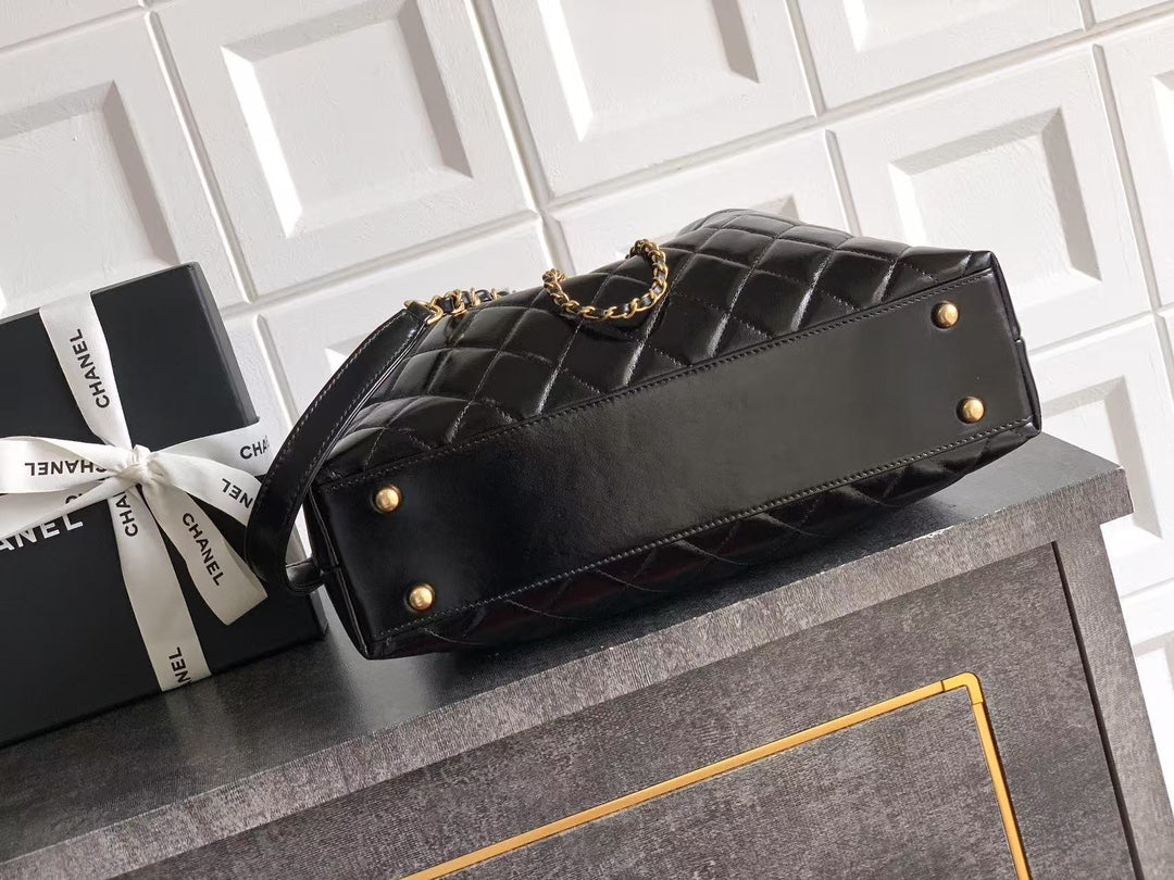 Chanel Oversized Tote Bag - Vintage Style Black Oiled Leather with Gold-Tone Chain Details (32 x 26 x 8.5 cm)