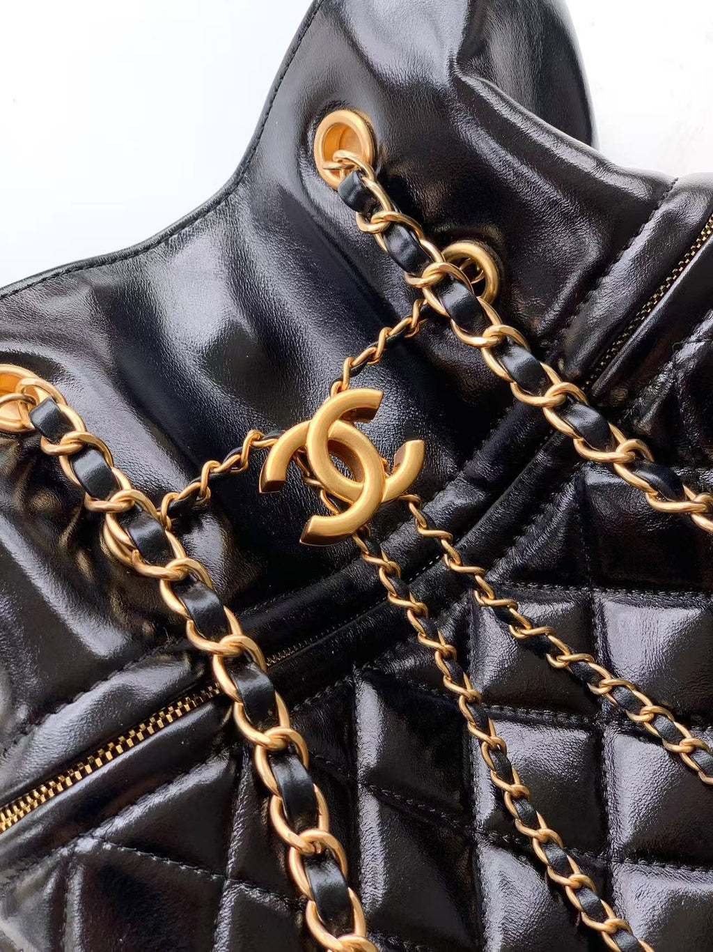 Chanel Oversized Tote Bag - Vintage Style Black Oiled Leather with Gold-Tone Chain Details (32 x 26 x 8.5 cm)