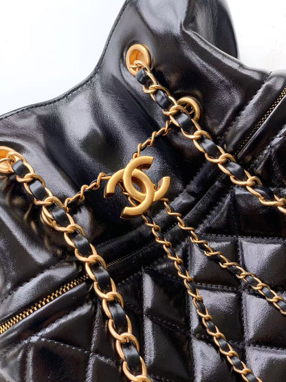 Chanel Oversized Tote Bag - Vintage Style Black Oiled Leather with Gold-Tone Chain Details (32 x 26 x 8.5 cm)