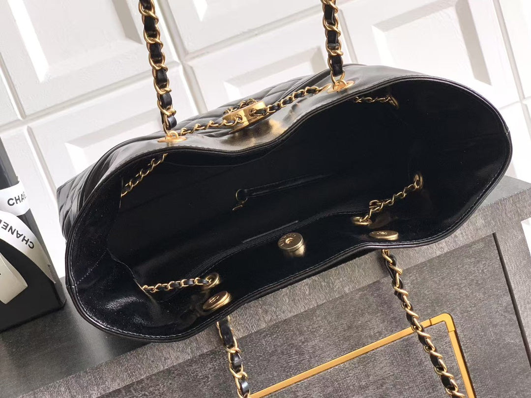 Chanel Oversized Tote Bag - Vintage Style Black Oiled Leather with Gold-Tone Chain Details (32 x 26 x 8.5 cm)