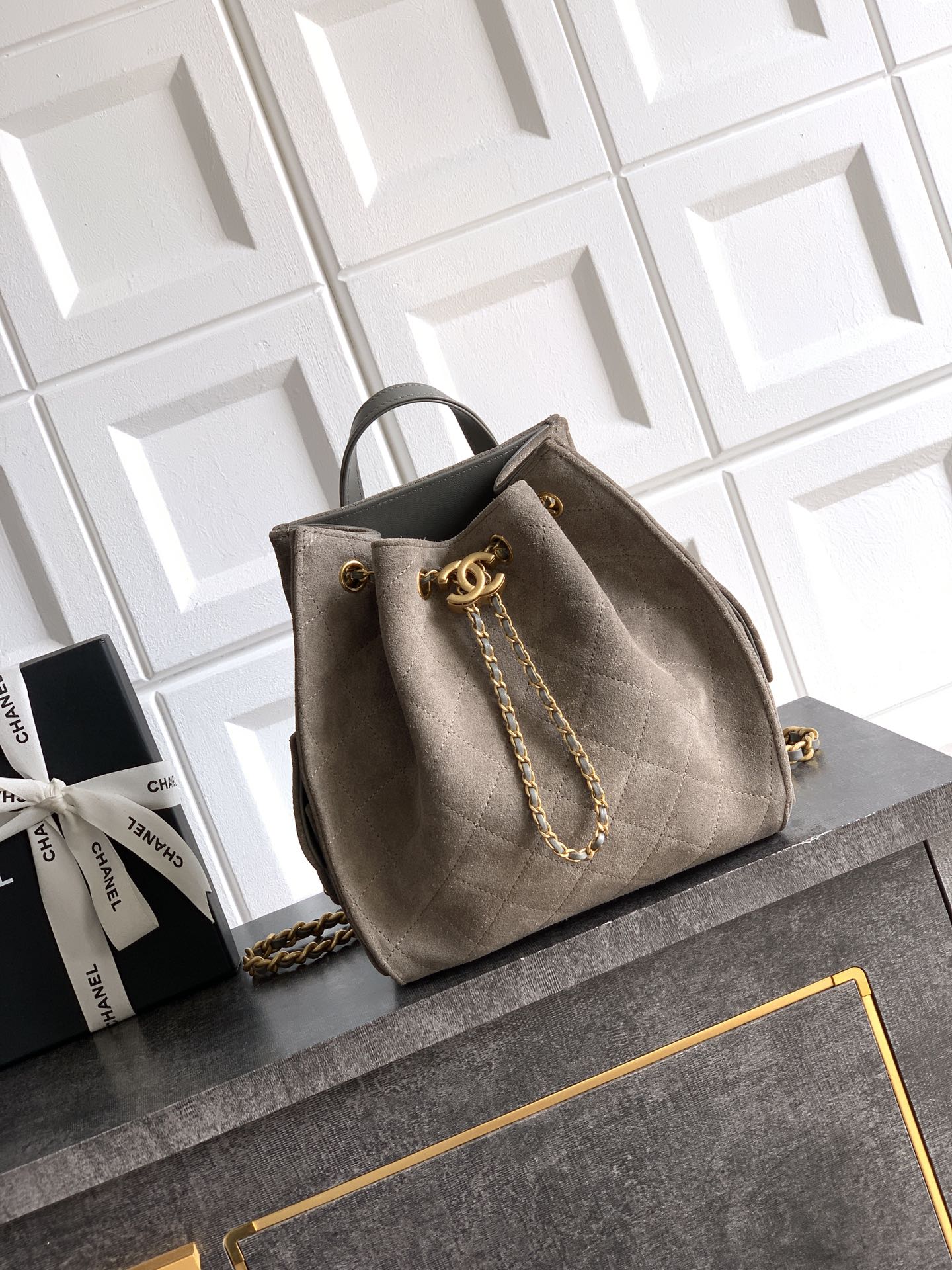 Chanel 25B Backpack - Brown Suede Leather with Signature Chain Details & Magnetic Closure (23 x 23 x 14 cm)