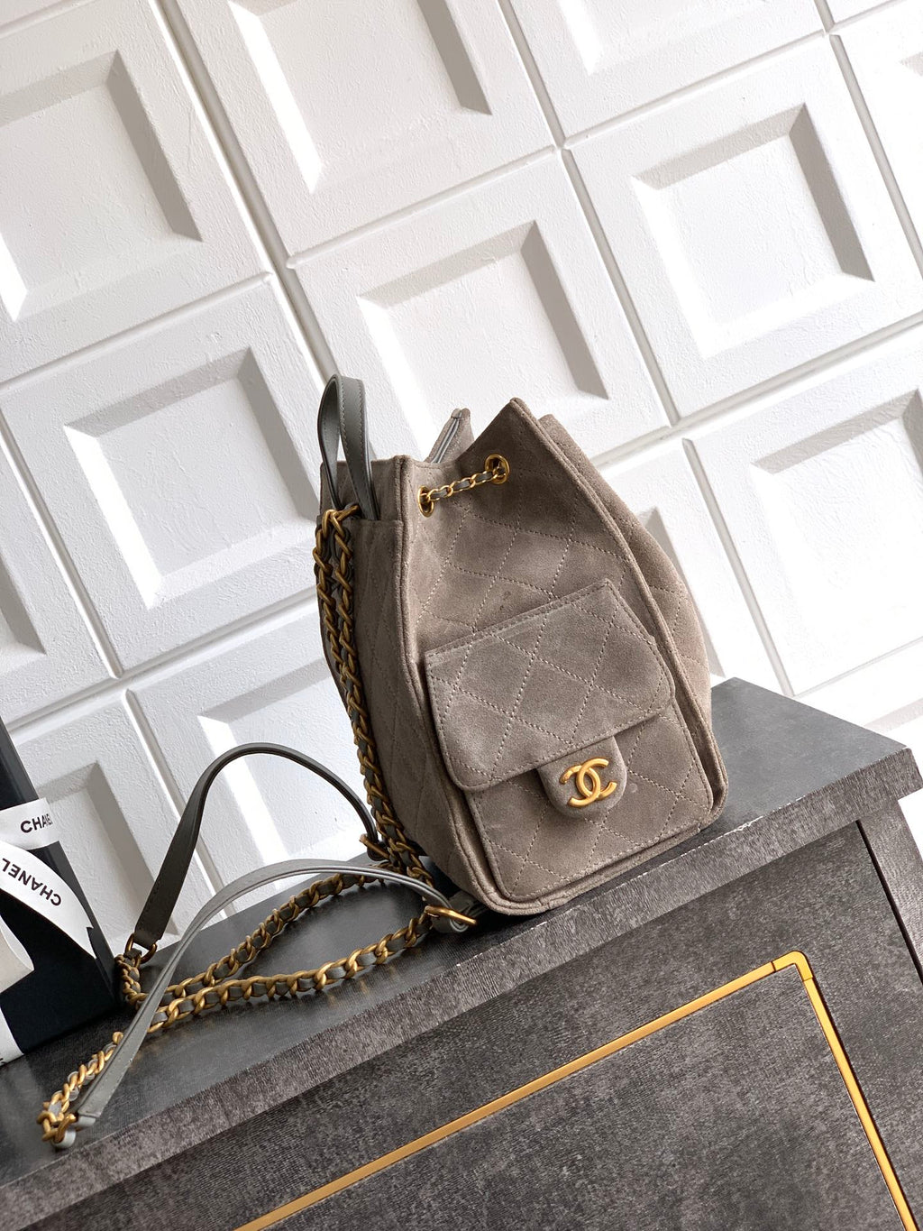 Chanel 25B Backpack - Brown Suede Leather with Signature Chain Details & Magnetic Closure (23 x 23 x 14 cm)