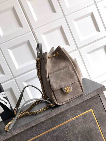 Chanel 25B Backpack - Brown Suede Leather with Signature Chain Details & Magnetic Closure (23 x 23 x 14 cm)