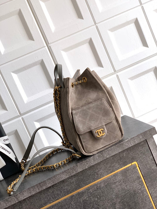 Chanel 25B Backpack - Brown Suede Leather with Signature Chain Details & Magnetic Closure (23 x 23 x 14 cm)