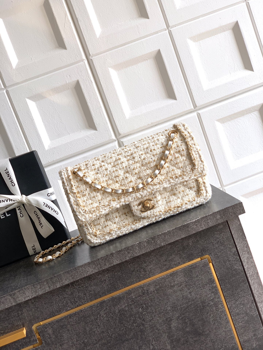Chanel 25K Cruise Collection Classic Flap Bag - White Tweed with Gold Trim & Sequin Embellishments (Available in 20cm, 23cm, 25cm)
