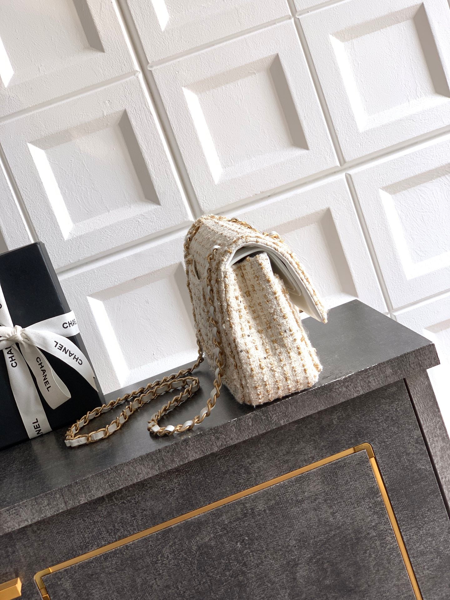Chanel 25K Cruise Collection Classic Flap Bag - White Tweed with Gold Trim & Sequin Embellishments (Available in 20cm, 23cm, 25cm)
