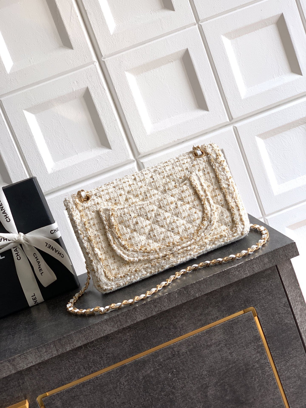 Chanel 25K Cruise Collection Classic Flap Bag - White Tweed with Gold Trim & Sequin Embellishments (Available in 20cm, 23cm, 25cm)