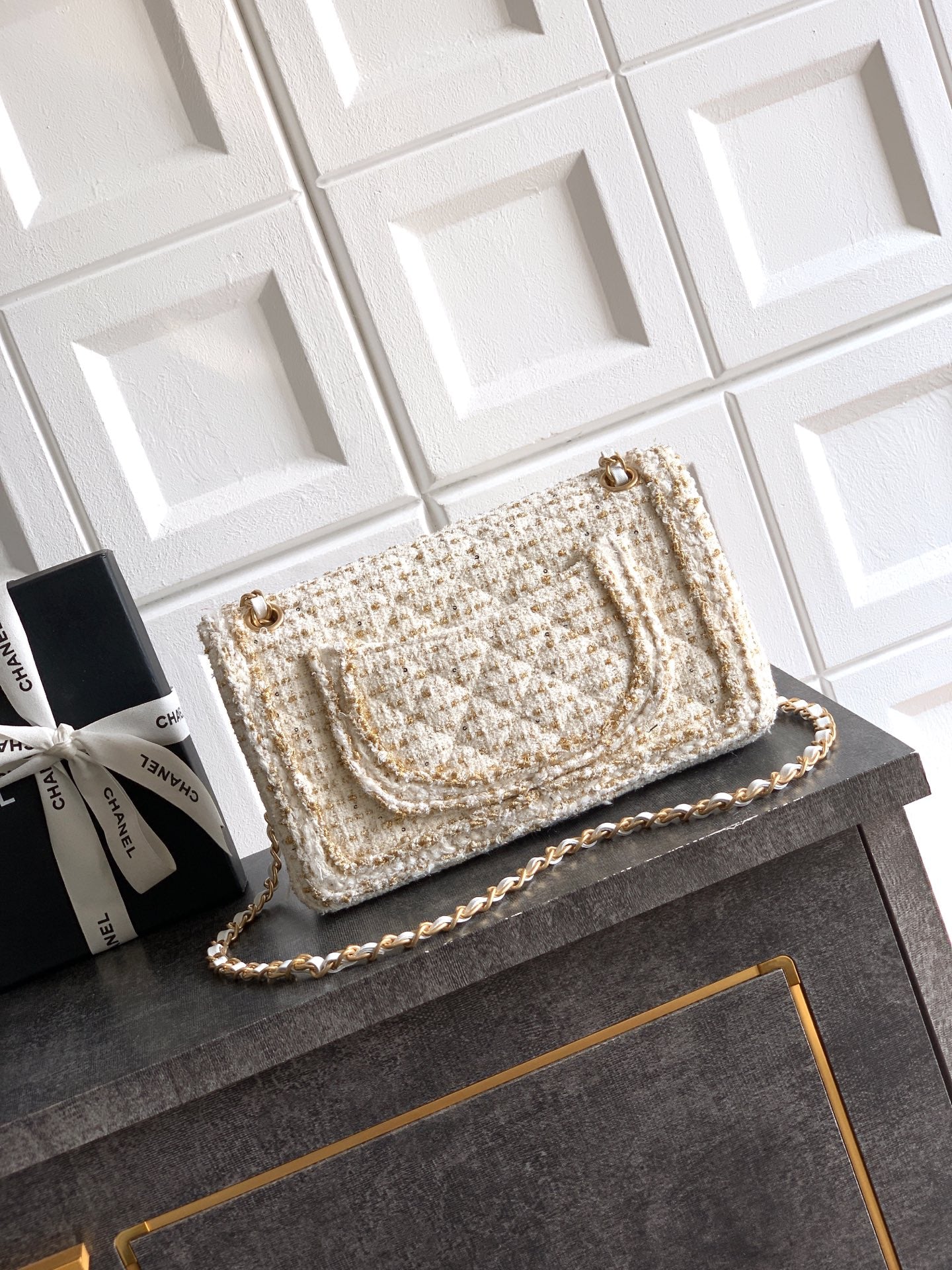 Chanel 25K Cruise Collection Classic Flap Bag - White Tweed with Gold Trim & Sequin Embellishments (Available in 20cm, 23cm, 25cm)