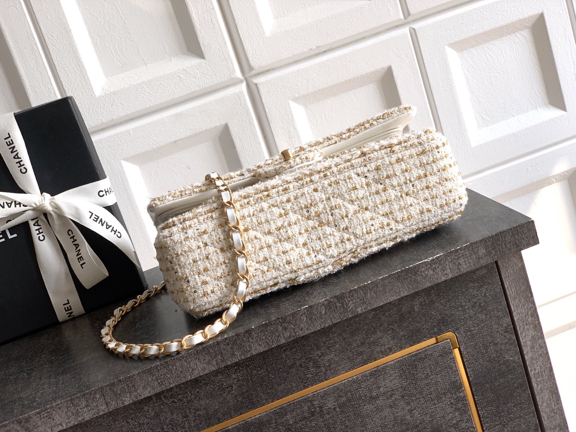 Chanel 25K Cruise Collection Classic Flap Bag - White Tweed with Gold Trim & Sequin Embellishments (Available in 20cm, 23cm, 25cm)