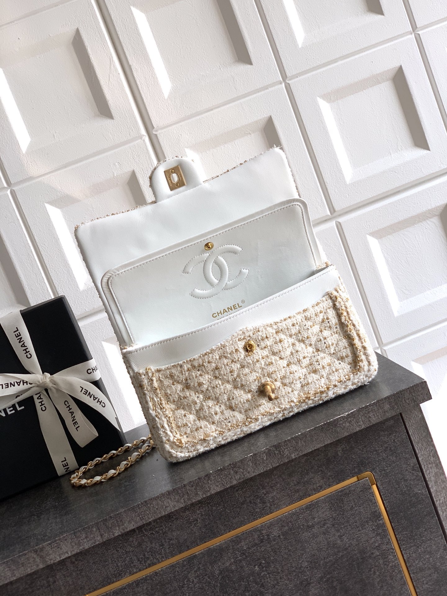 Chanel 25K Cruise Collection Classic Flap Bag - White Tweed with Gold Trim & Sequin Embellishments (Available in 20cm, 23cm, 25cm)