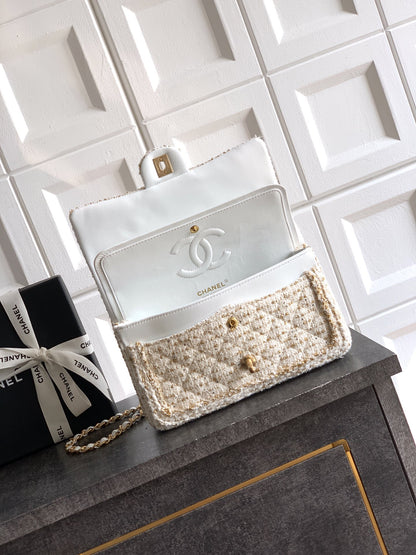 Chanel 25K Cruise Collection Classic Flap Bag - White Tweed with Gold Trim & Sequin Embellishments (Available in 20cm, 23cm, 25cm)