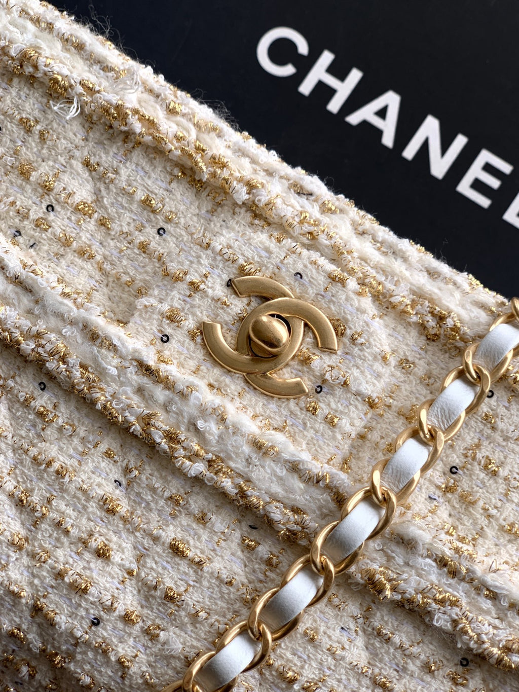 Chanel 25K Cruise Collection Classic Flap Bag - White Tweed with Gold Trim & Sequin Embellishments (Available in 20cm, 23cm, 25cm)