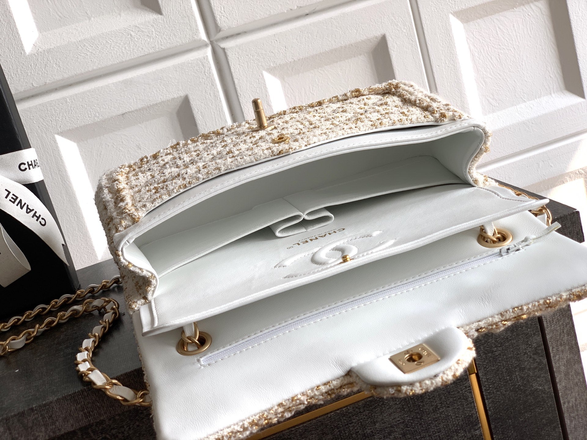 Chanel 25K Cruise Collection Classic Flap Bag - White Tweed with Gold Trim & Sequin Embellishments (Available in 20cm, 23cm, 25cm)