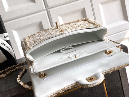 Chanel 25K Cruise Collection Classic Flap Bag - White Tweed with Gold Trim & Sequin Embellishments (Available in 20cm, 23cm, 25cm)