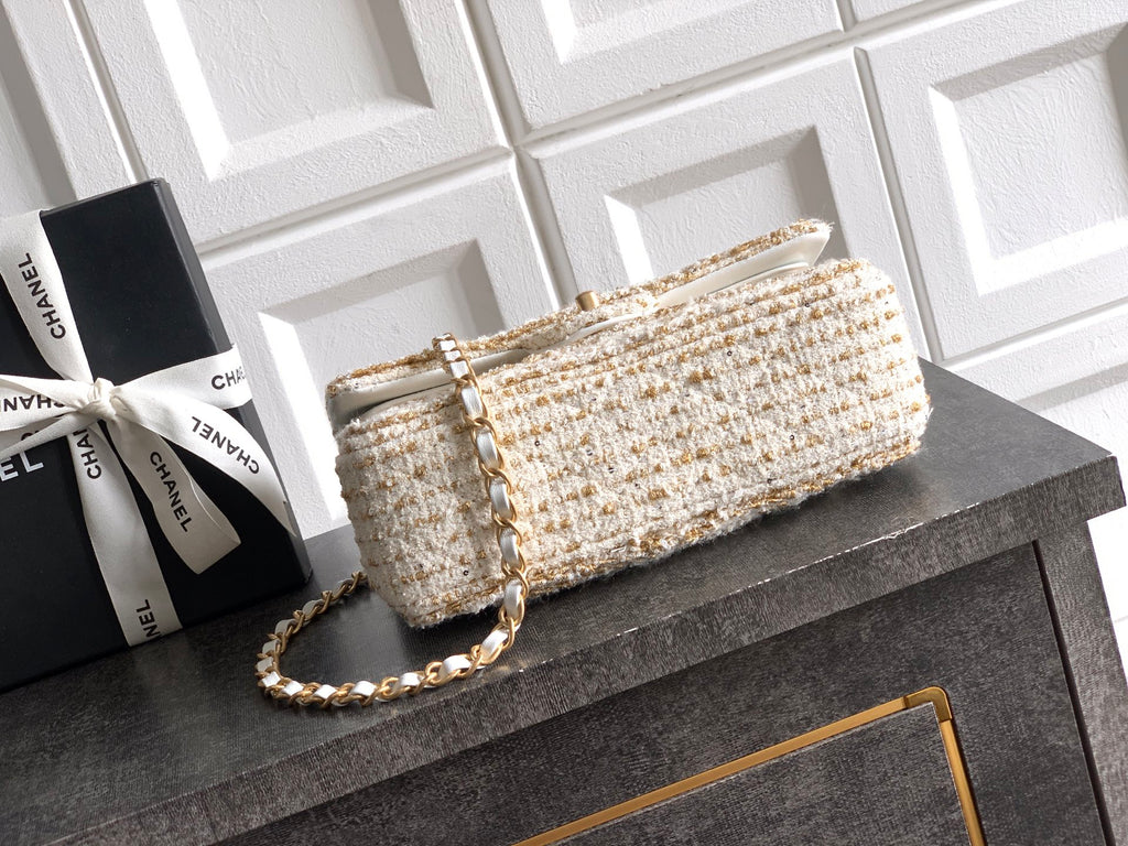 Chanel 25K Cruise Collection Classic Flap Bag - 23cm White/Gold Tweed with Sequin Embellishments