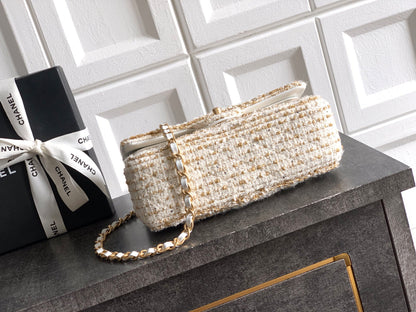 Chanel 25K Cruise Collection Classic Flap Bag - 23cm White/Gold Tweed with Sequin Embellishments