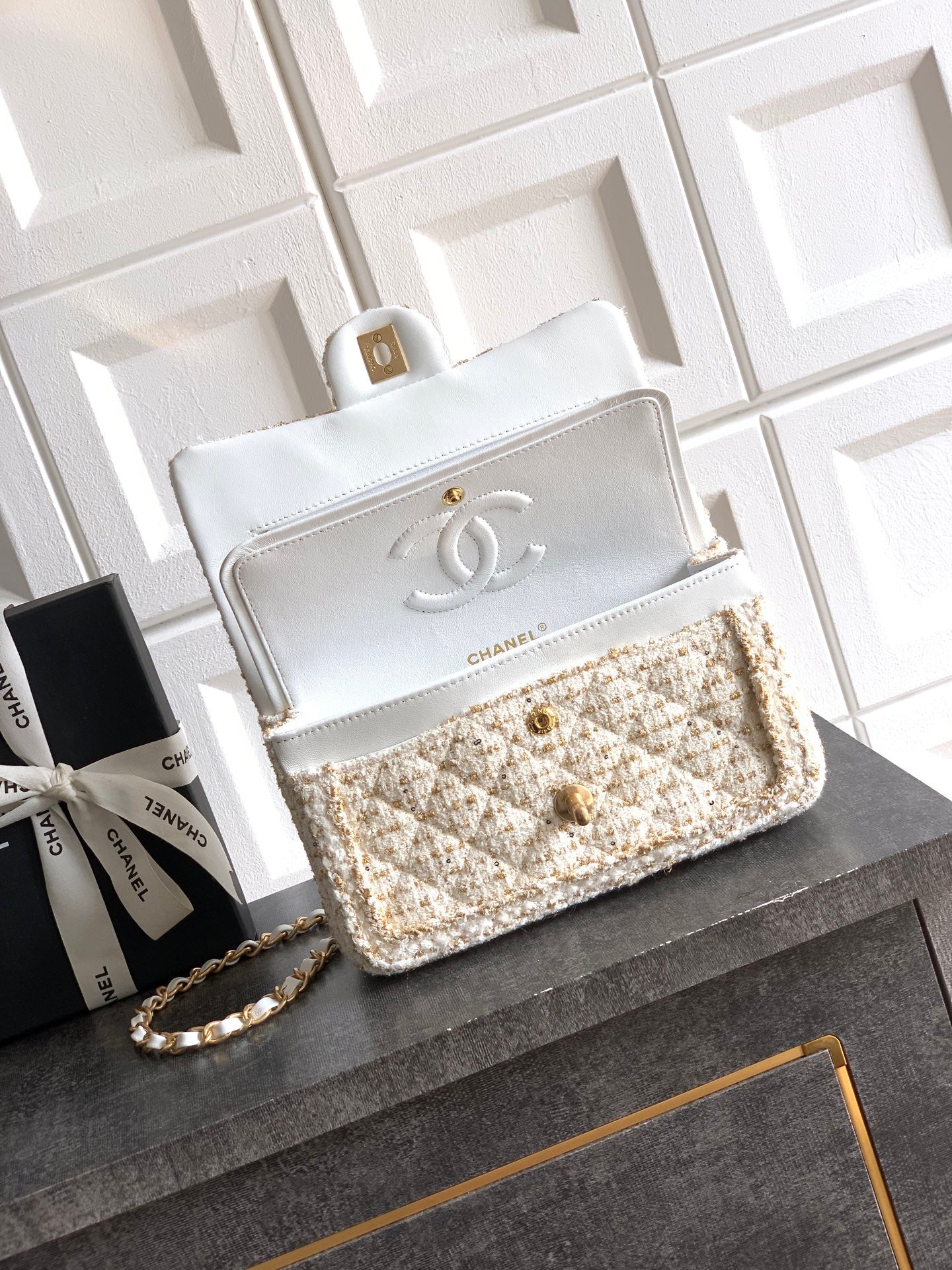Chanel 25K Cruise Collection Classic Flap Bag - 23cm White/Gold Tweed with Sequin Embellishments