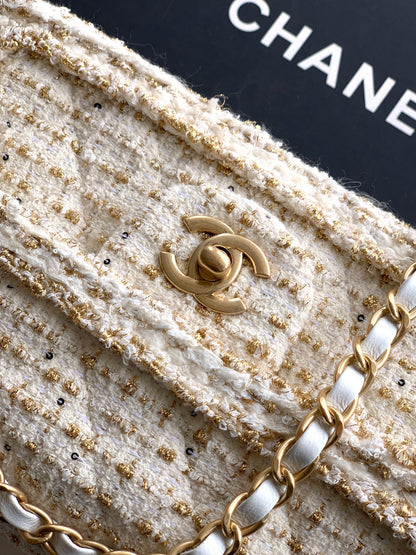 Chanel 25K Cruise Collection Classic Flap Bag - 23cm White/Gold Tweed with Sequin Embellishments