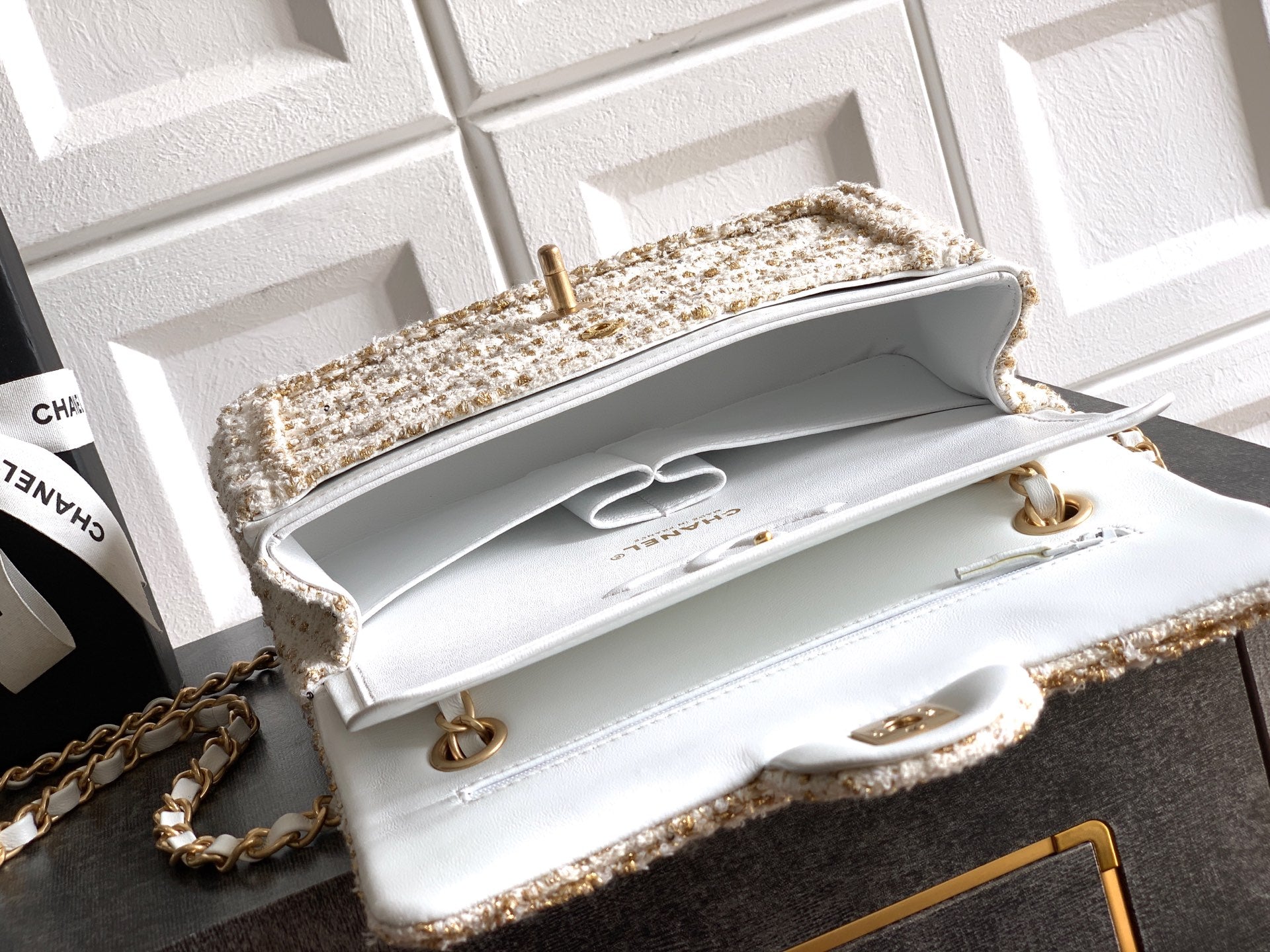 Chanel 25K Cruise Collection Classic Flap Bag - 23cm White/Gold Tweed with Sequin Embellishments