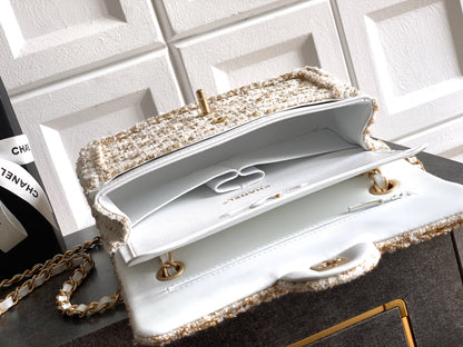 Chanel 25K Cruise Collection Classic Flap Bag - 23cm White/Gold Tweed with Sequin Embellishments