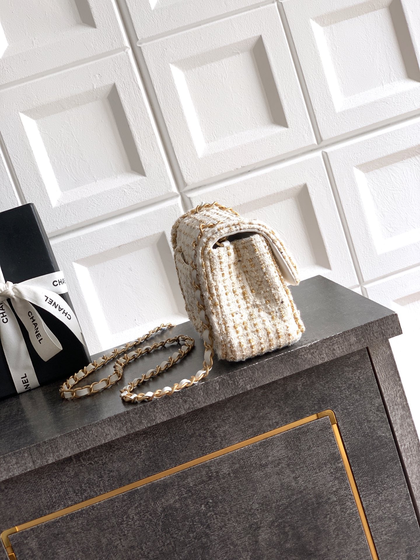 Chanel 25K Cruise Collection Classic Flap Bag - 20cm White/Gold Tweed with Sequin Embellishments