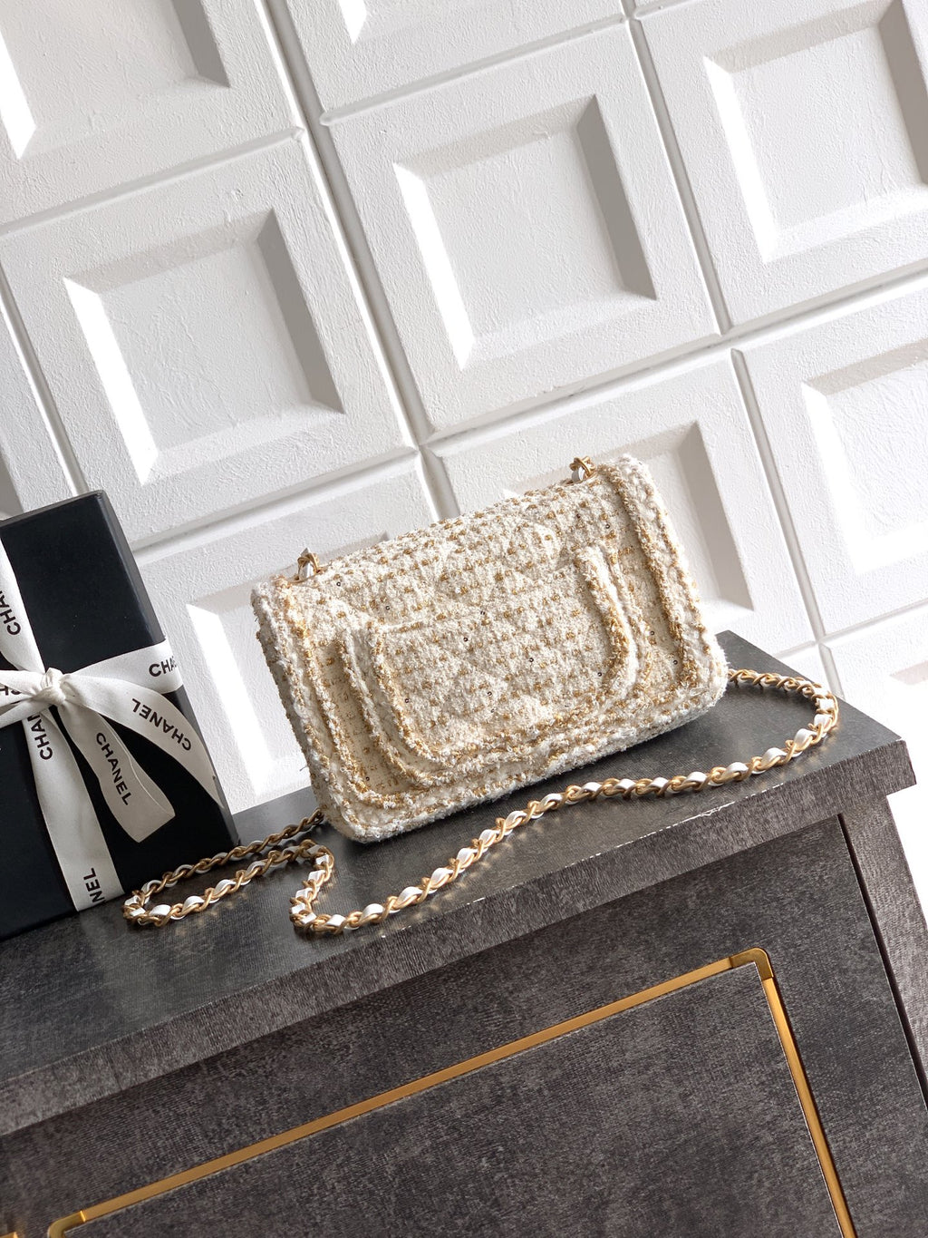 Chanel 25K Cruise Collection Classic Flap Bag - 20cm White/Gold Tweed with Sequin Embellishments