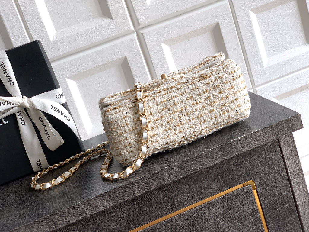 Chanel 25K Cruise Collection Classic Flap Bag - 20cm White/Gold Tweed with Sequin Embellishments