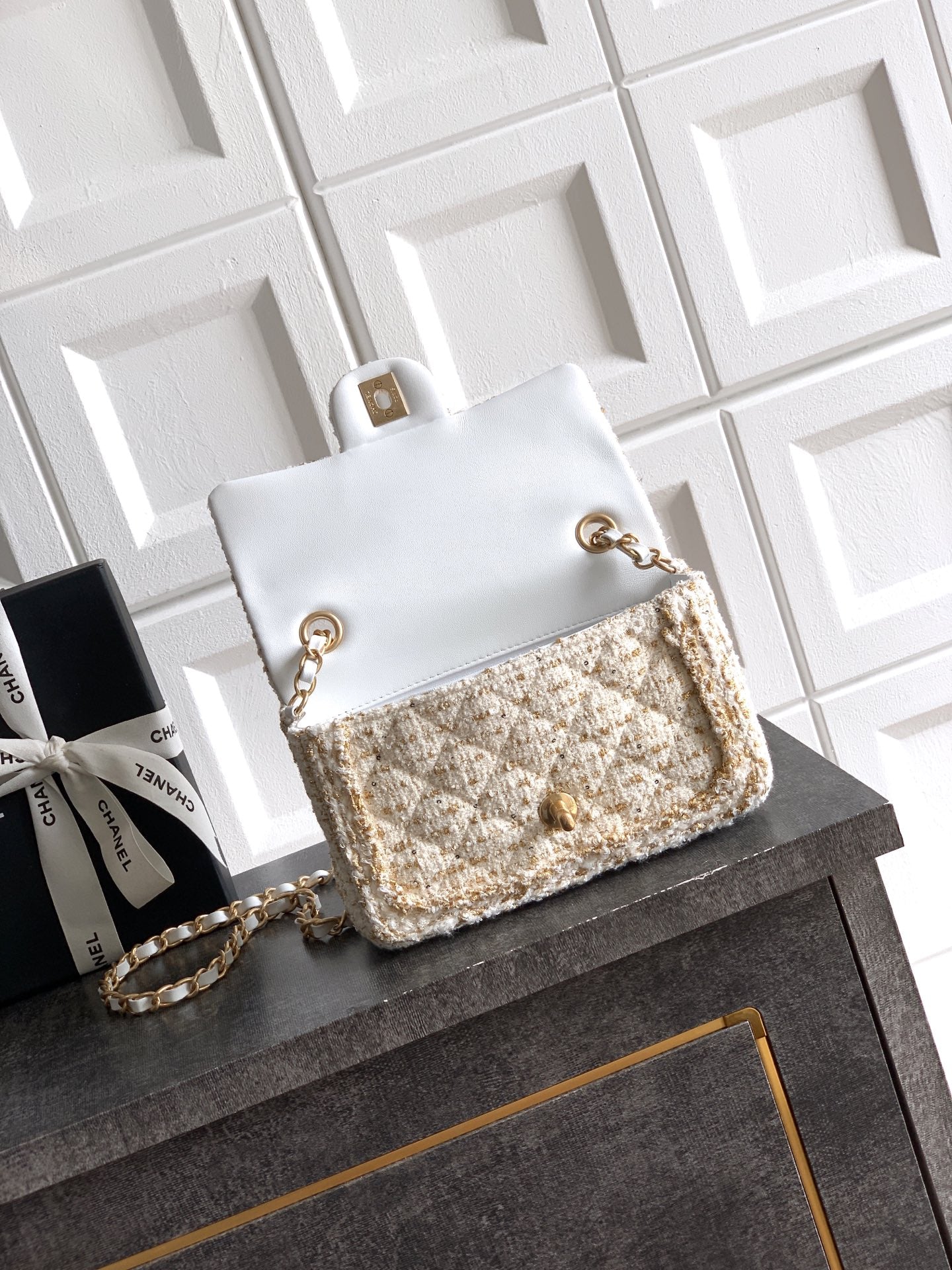 Chanel 25K Cruise Collection Classic Flap Bag - 20cm White/Gold Tweed with Sequin Embellishments
