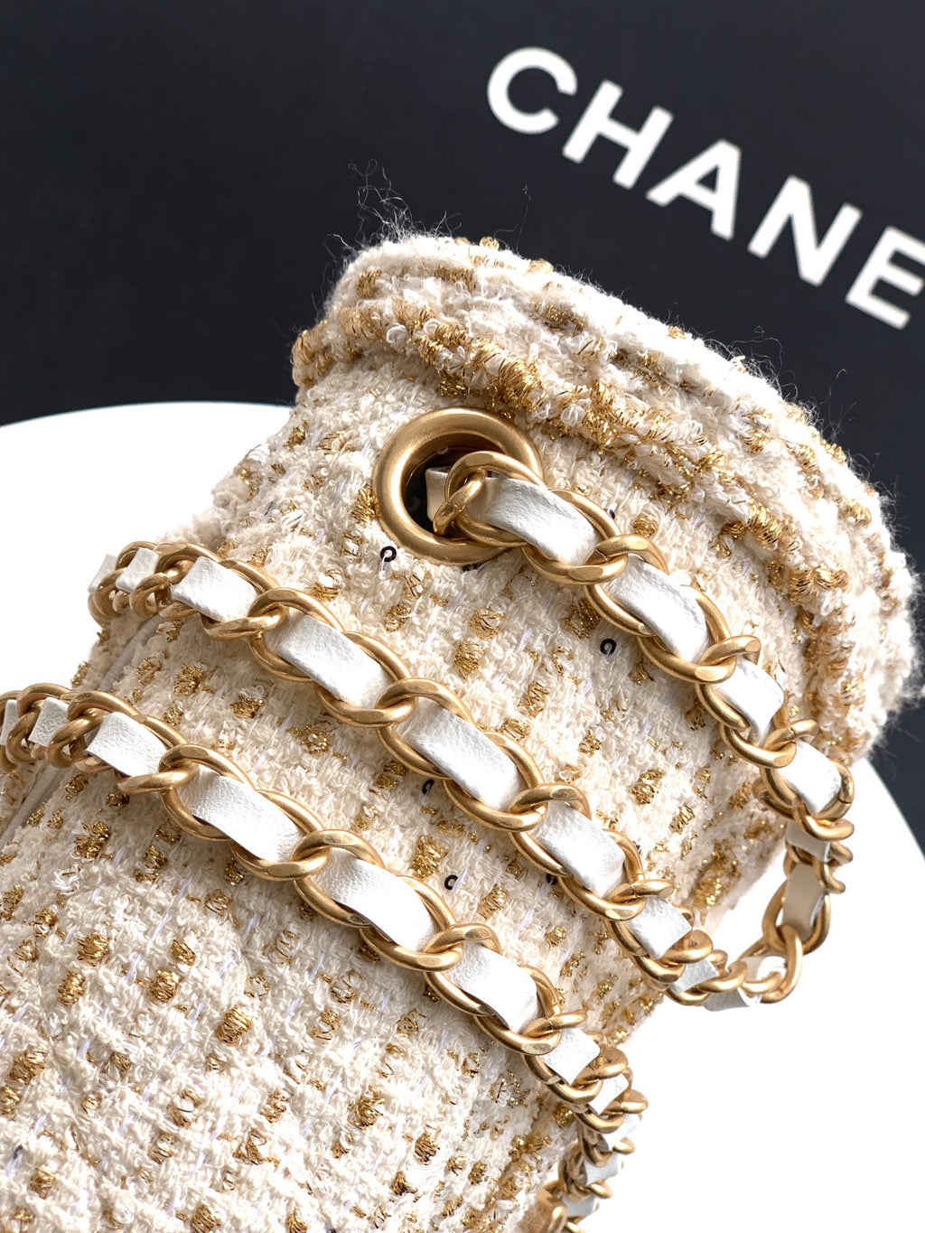 Chanel 25K Cruise Collection Classic Flap Bag - 20cm White/Gold Tweed with Sequin Embellishments