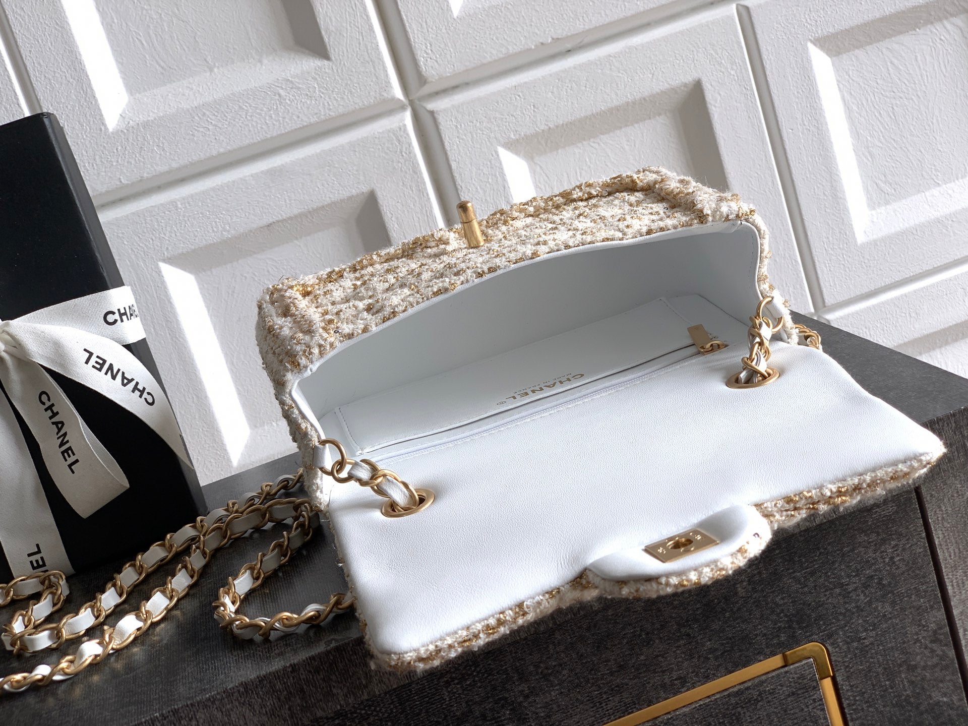 Chanel 25K Cruise Collection Classic Flap Bag - 20cm White/Gold Tweed with Sequin Embellishments