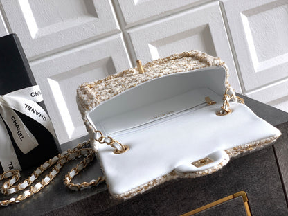 Chanel 25K Cruise Collection Classic Flap Bag - 20cm White/Gold Tweed with Sequin Embellishments
