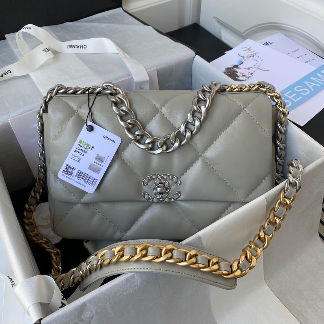 Chanel 19 Flap Bag - Large 30cm Grey Leather with Mixed-Metal Chain (AS1161)