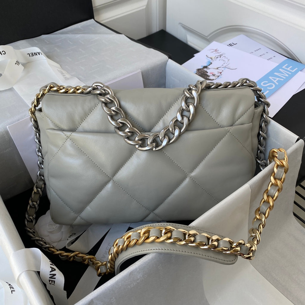 Chanel 19 Flap Bag - Large 30cm Grey Leather with Mixed-Metal Chain (AS1161)