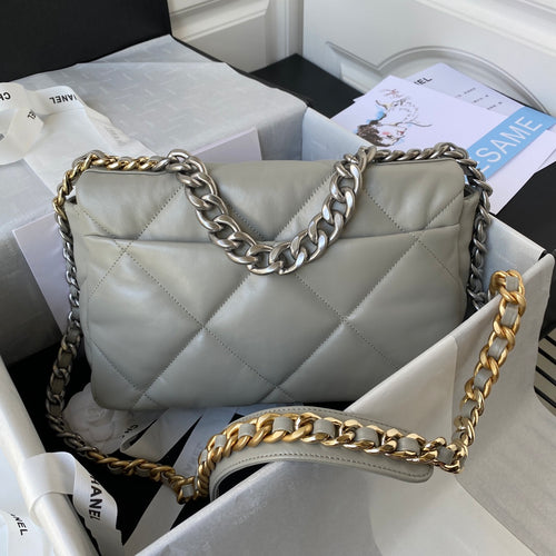 Chanel 19 Flap Bag - Large 30cm Grey Leather with Mixed-Metal Chain (AS1161)