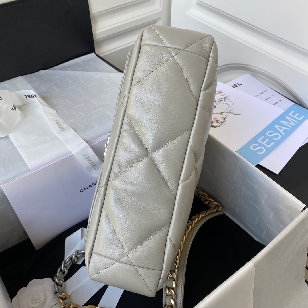 Chanel 19 Flap Bag - Large 30cm Grey Leather with Mixed-Metal Chain (AS1161)