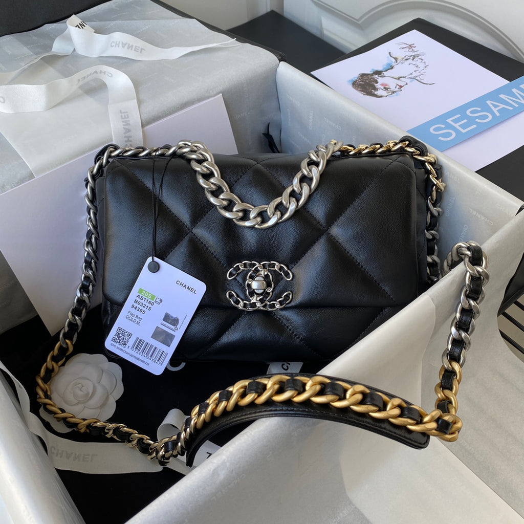 Chanel 19 Flap Bag - 26cm Black Leather with Signature Mixed-Metal Chain (AS1160)