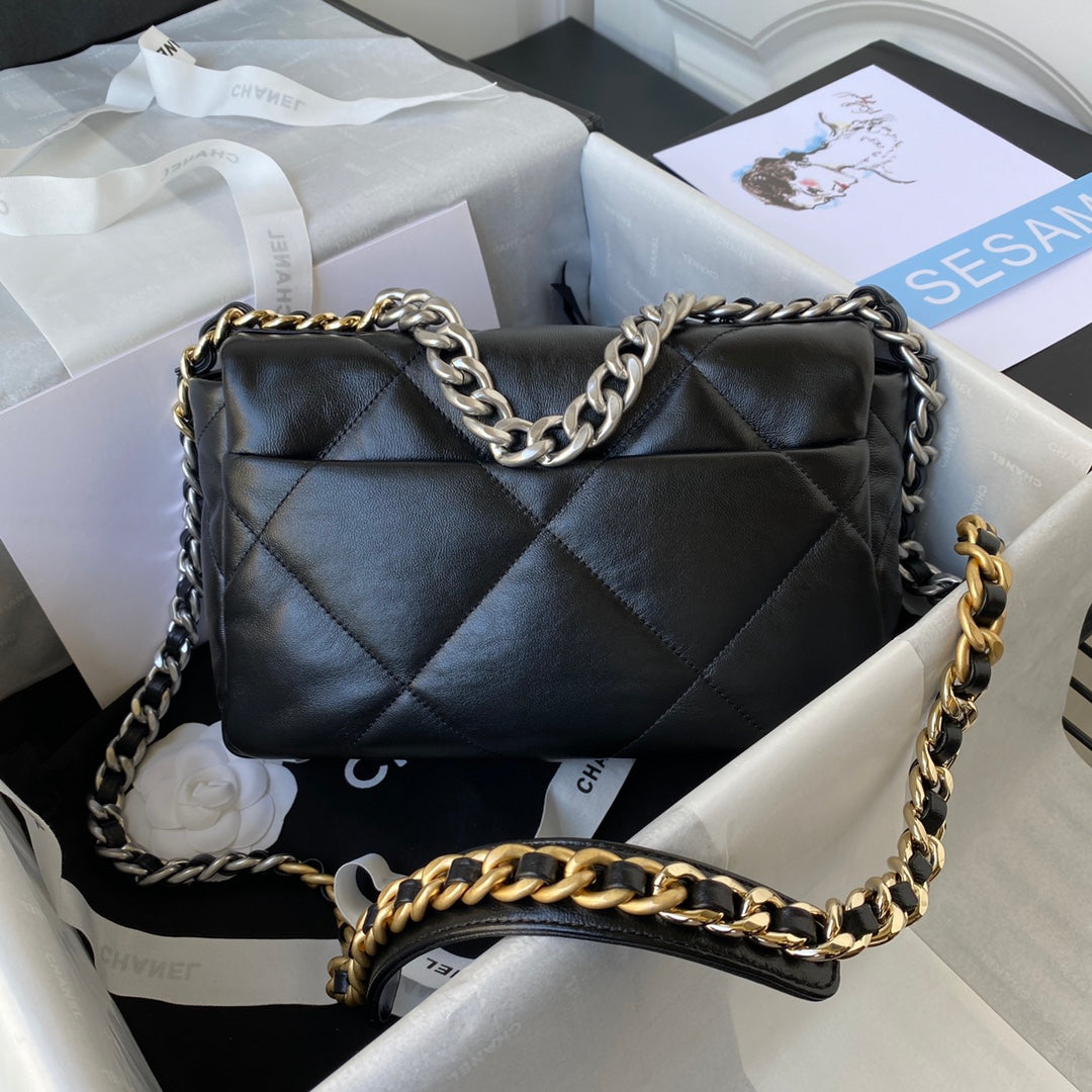 Chanel 19 Flap Bag - 26cm Black Leather with Signature Mixed-Metal Chain (AS1160)