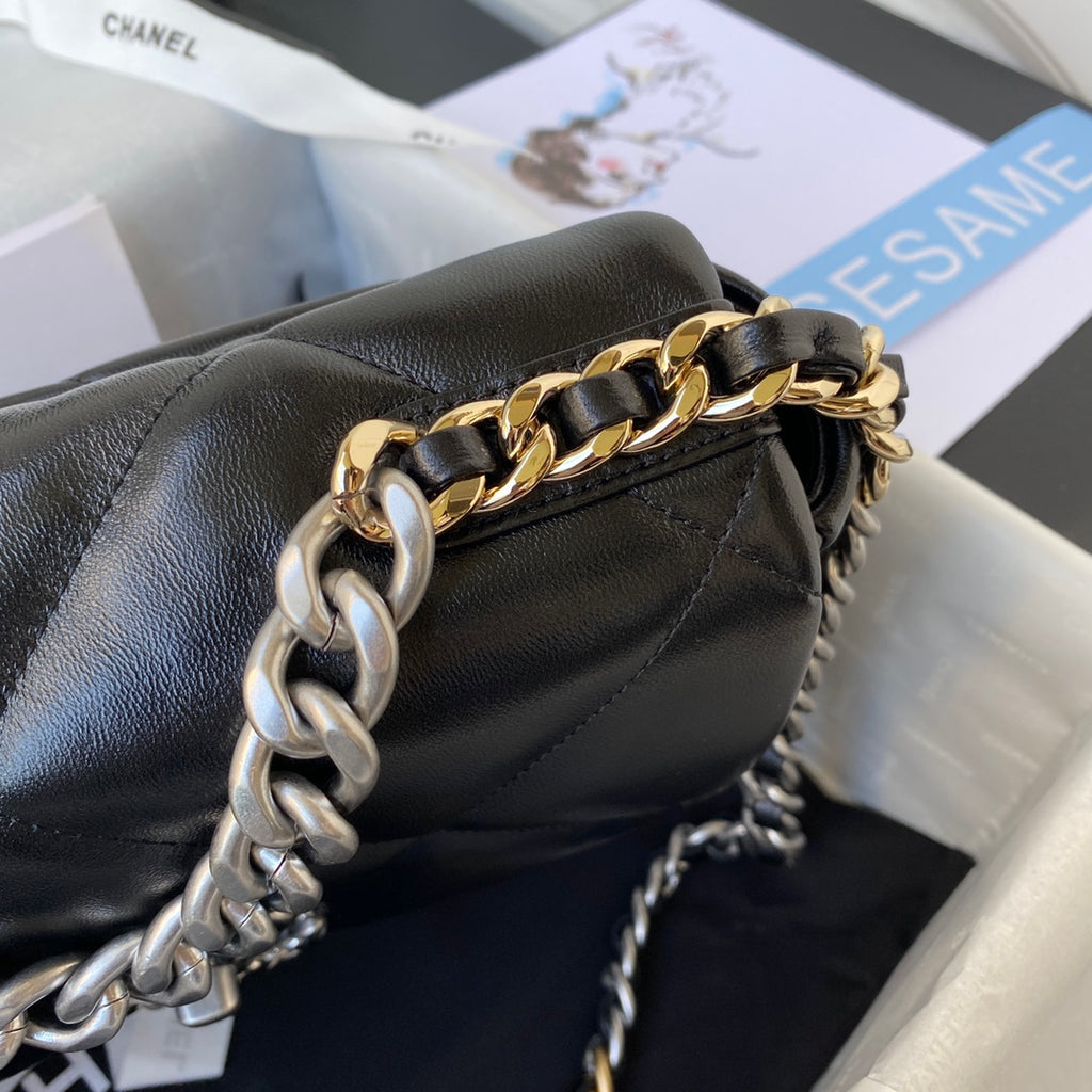 Chanel 19 Flap Bag - 26cm Black Leather with Signature Mixed-Metal Chain (AS1160)