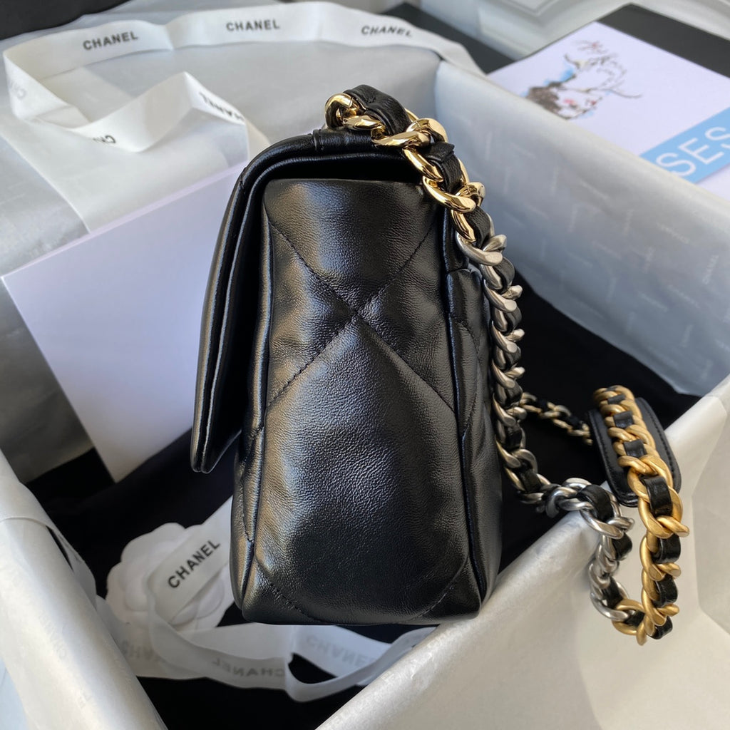 Chanel 19 Flap Bag - 26cm Black Leather with Signature Mixed-Metal Chain (AS1160)