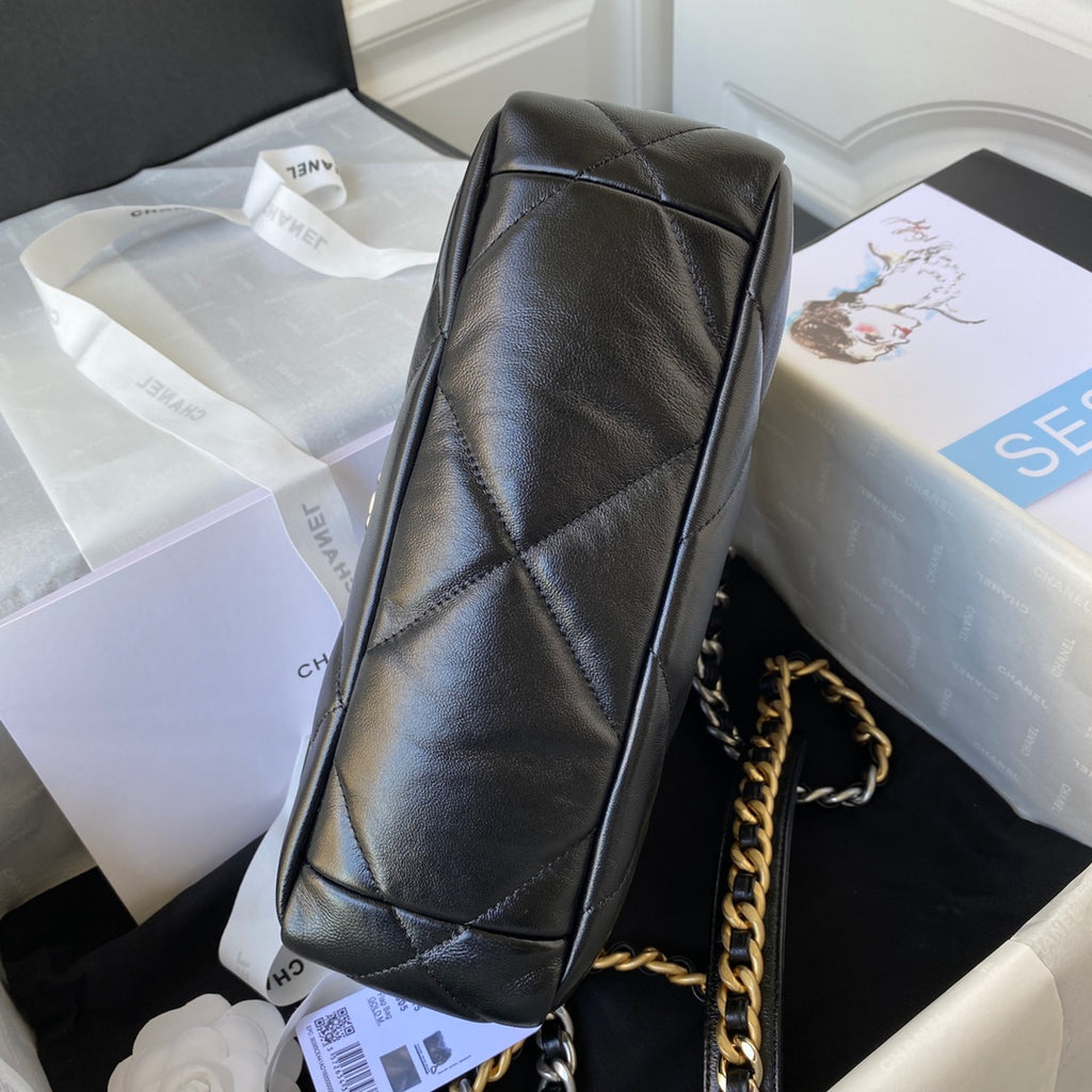 Chanel 19 Flap Bag - 26cm Black Leather with Signature Mixed-Metal Chain (AS1160)