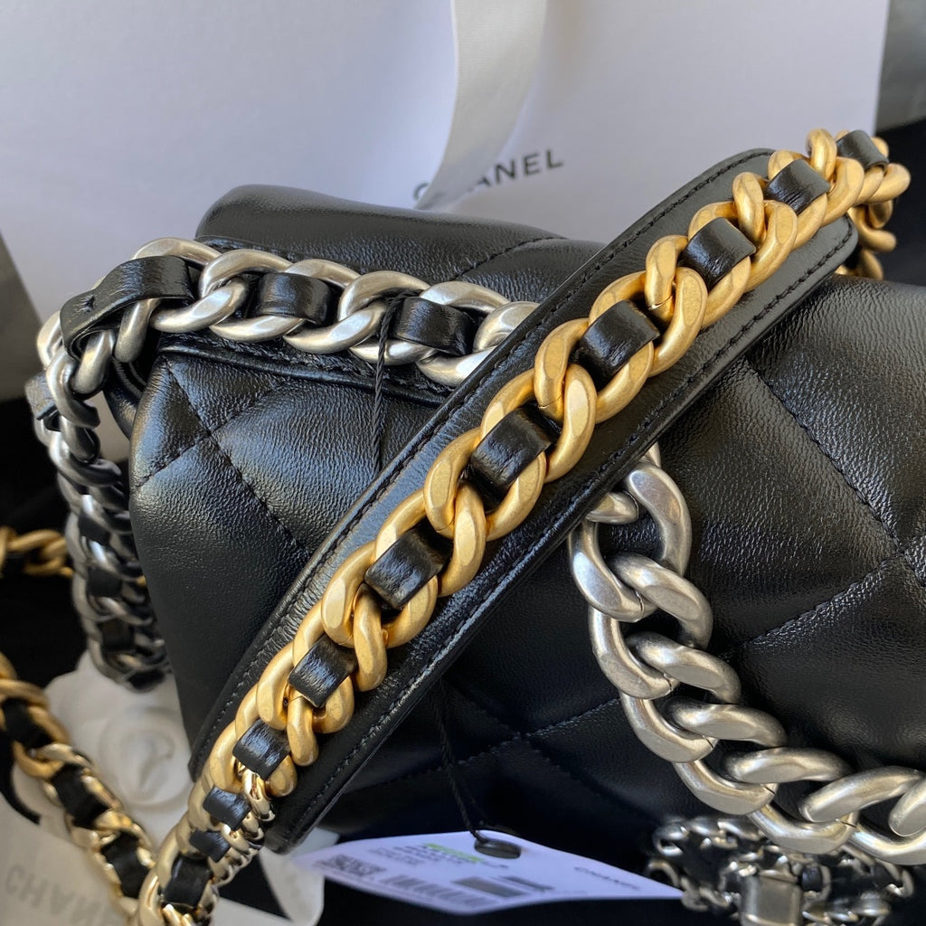 Chanel 19 Flap Bag - 26cm Black Leather with Signature Mixed-Metal Chain (AS1160)