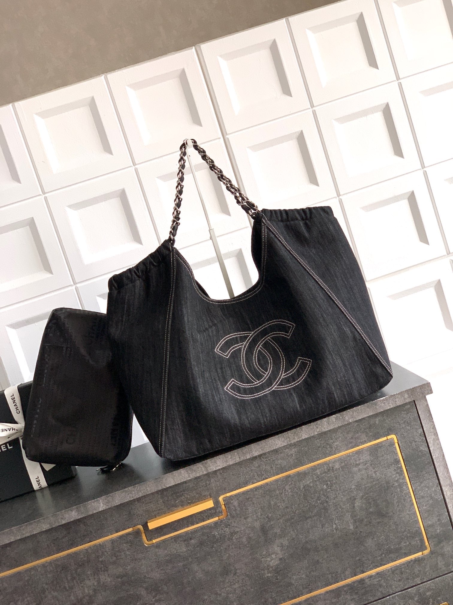 Chanel Denim Tote Bag 45 Black